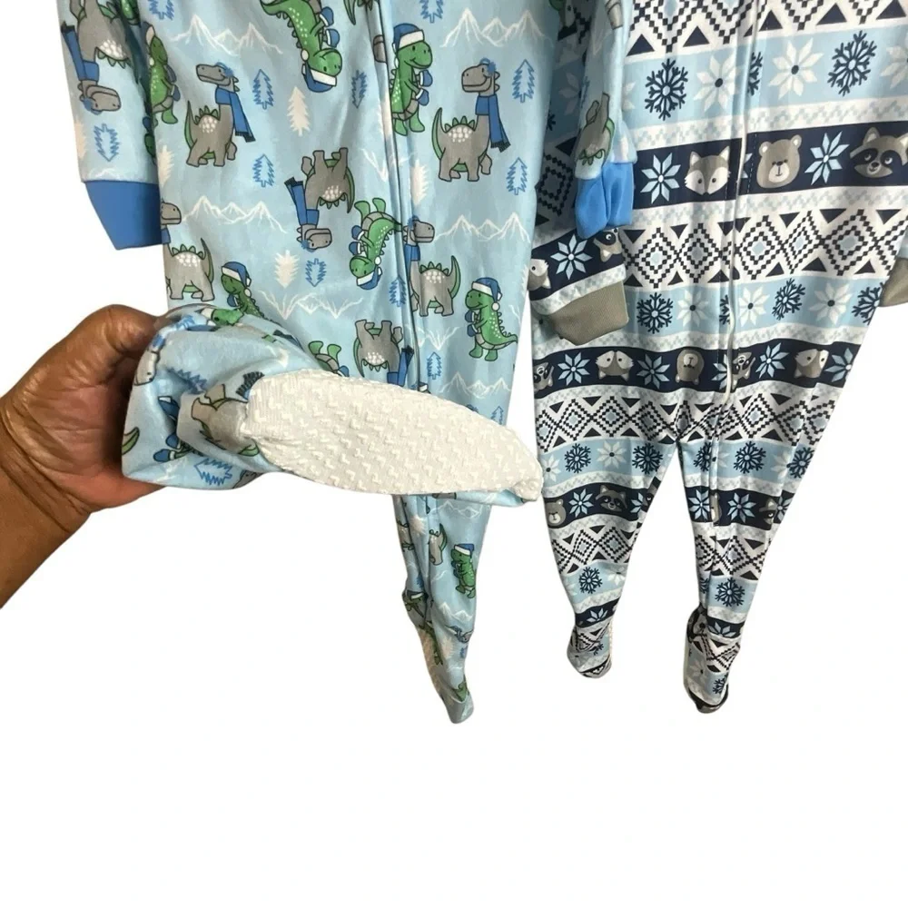 Mon Petit Toddler Two Blanket Sleepers Footies Dinosaur& Raccoon/Fox Pajamas